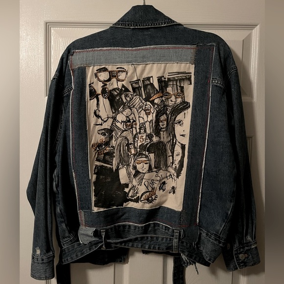 💙Rare ZARA Artist Drawing Denim Jacket Snaps Zipper Fall Autumn Size Large L💙 - Picture 8 of 16